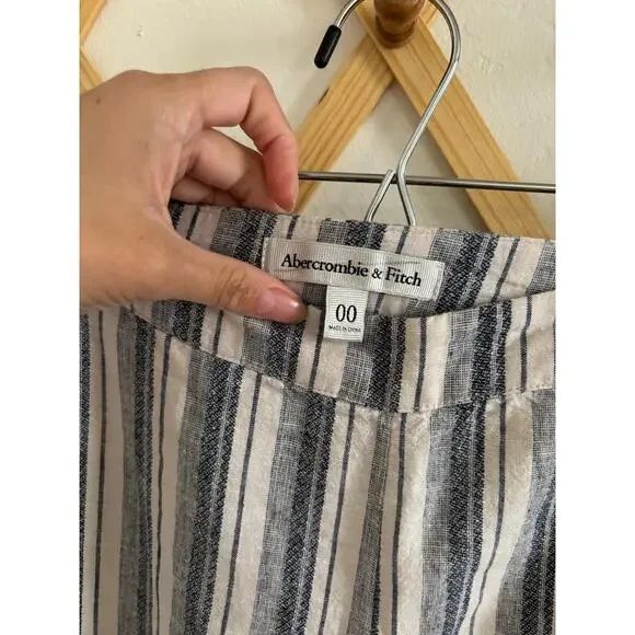 Abercrombie & Fitch Pants Women's 00 Wide leg Crop High Rise Blue Striped Linen - Picture 4 of 9